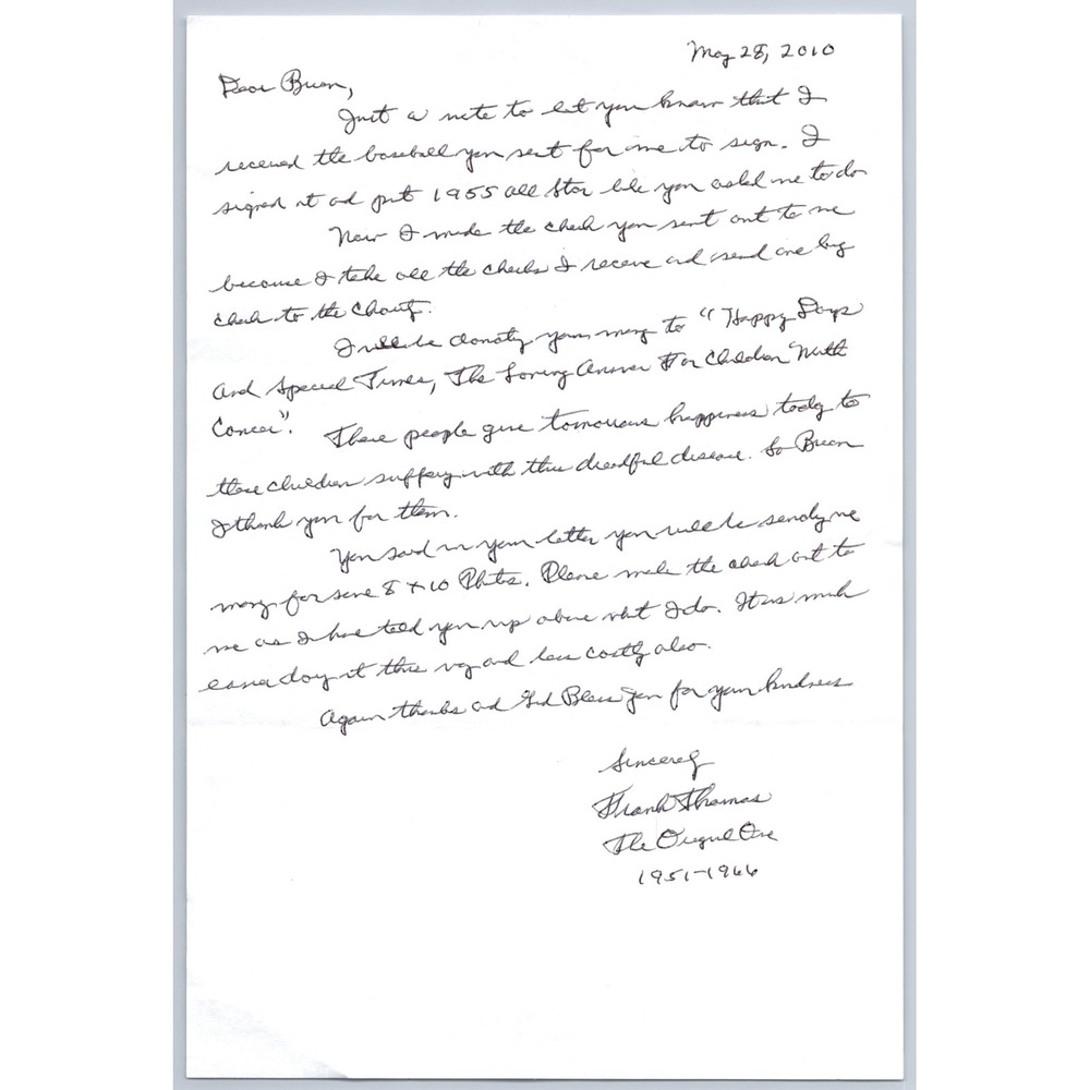 Frank Thomas The Original One Signed Handwritten Letter 2010 MLB Pirates